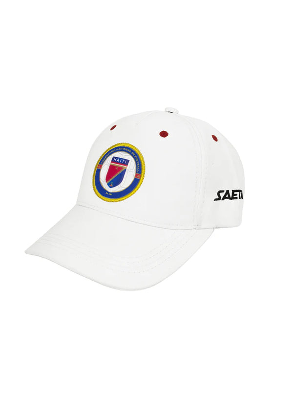 PRE-ORDER 2026 Haiti National Soccer Team Football Cap White featuring embroidered team crest on front and SAETA logo on side. Ideal fan accessory.