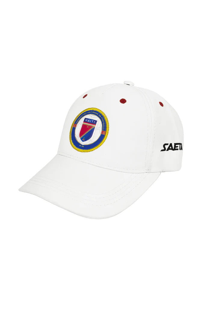 PRE-ORDER 2026 Haiti National Soccer Team Football Cap White featuring embroidered team crest on front and SAETA logo on side. Ideal fan accessory.