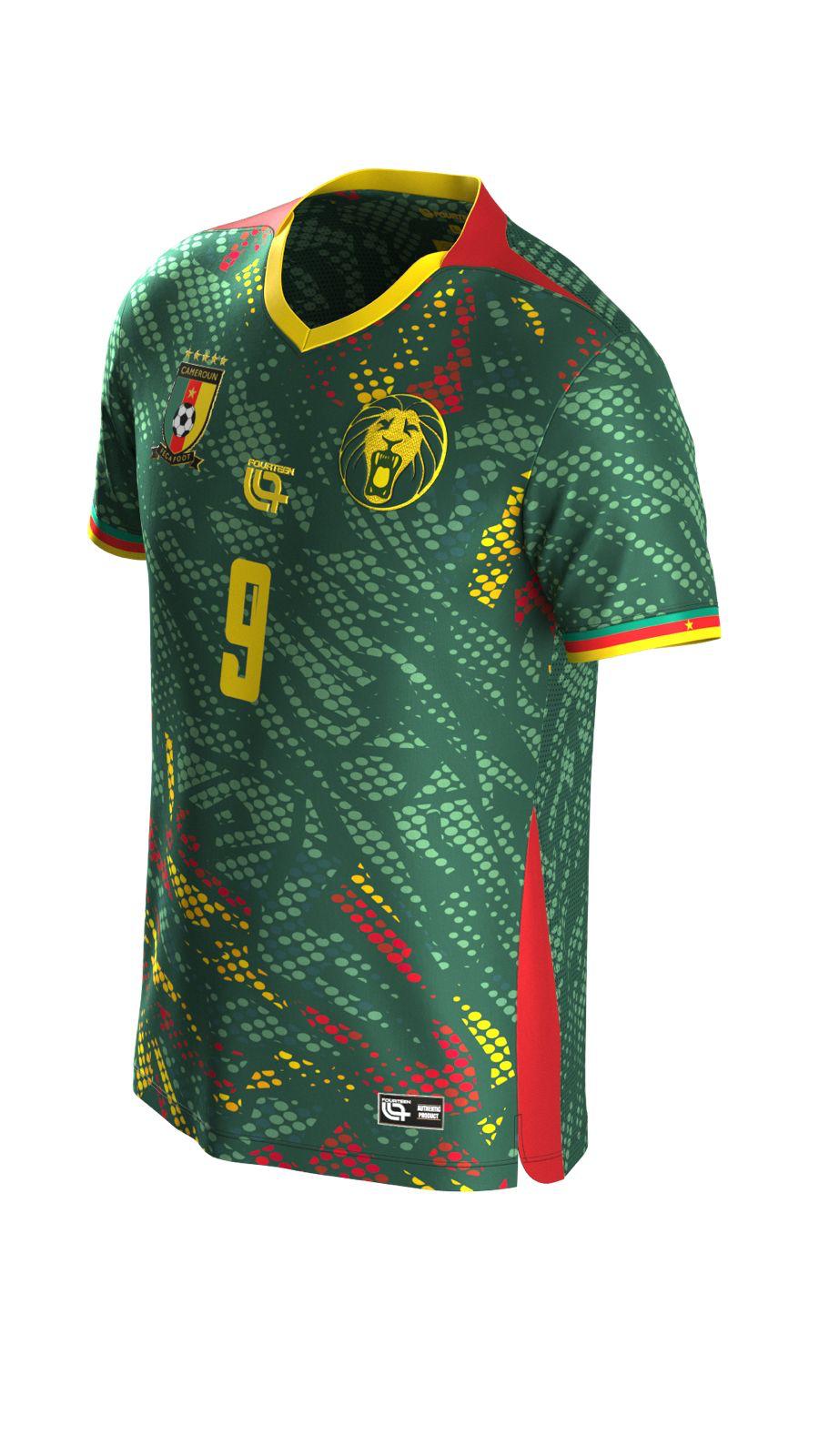 Cameroon AFCON 2025 Home Jersey in green with red, yellow, and dark patterns, featuring lion crest and number 9 for fans and collectors
