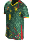 Cameroon AFCON 2025 Home Jersey in green with red, yellow, and dark patterns, featuring lion crest and number 9 for fans and collectors