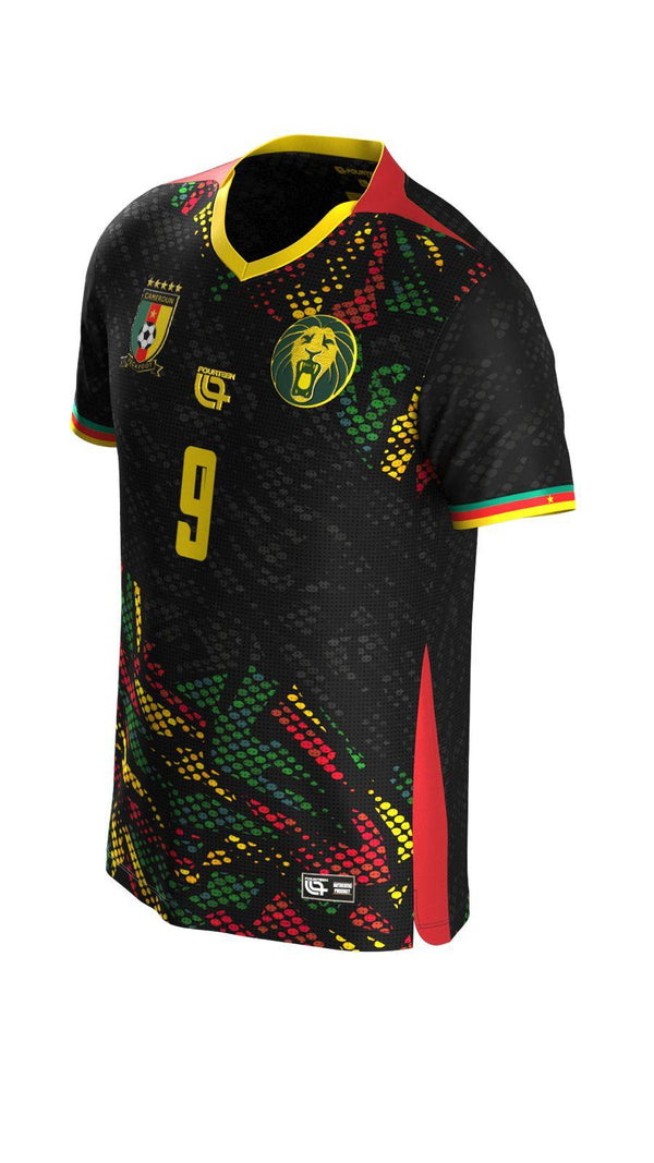 Buy CAMEROON AFCON 2025 Merchandise - Limited Edition Online Shop now. Black Cameroon jersey with red, green, and yellow tribal patterns, number 9 front print.