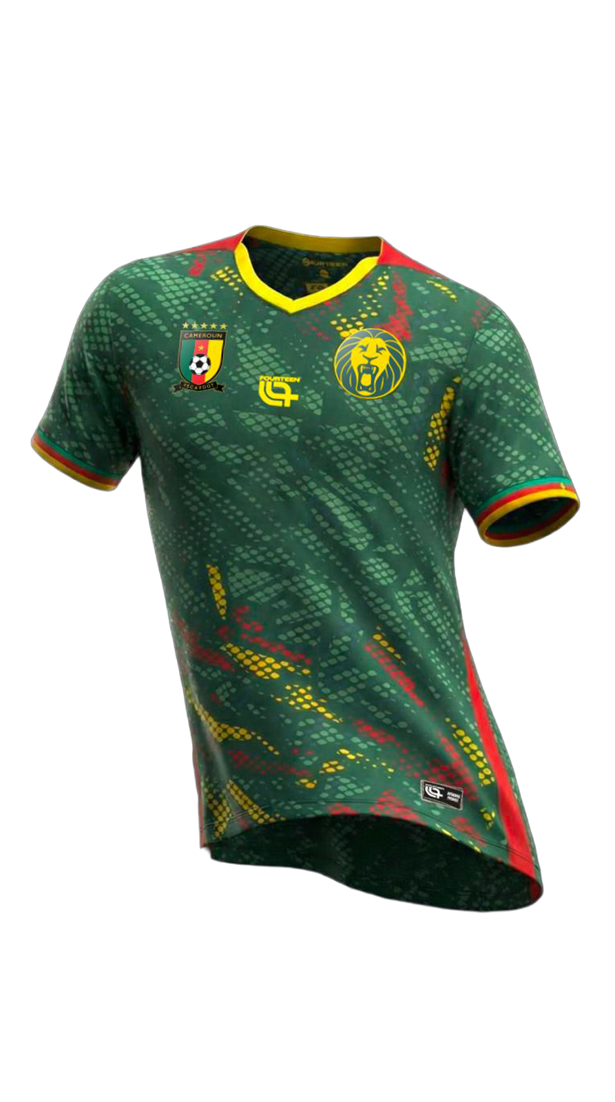 Cameroon AFCON 2025 Home Jersey in green with red, yellow, and dark patterns, featuring lion crest and number 9 for fans and collectors