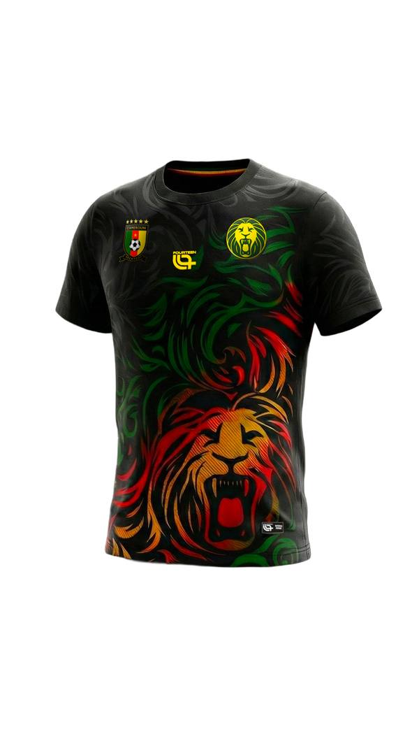 Cameroon AFCON Warm Up Shirt featuring bold lion graphic in red, green, and yellow. Ideal activewear top for fans supporting the national team.