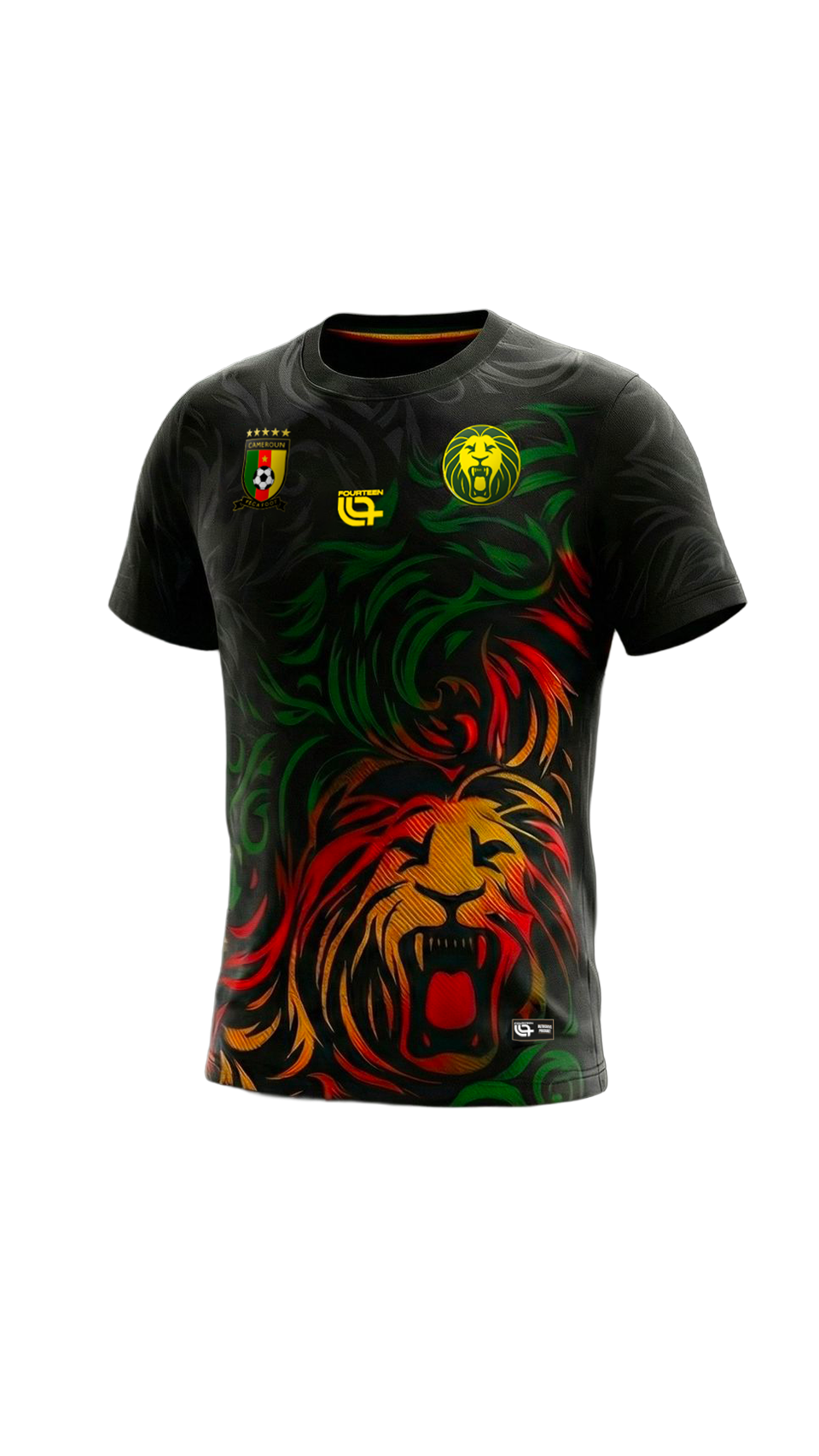 Cameroon AFCON Warm Up Shirt featuring bold lion graphic in red, green, and yellow. Ideal activewear top for fans supporting the national team.