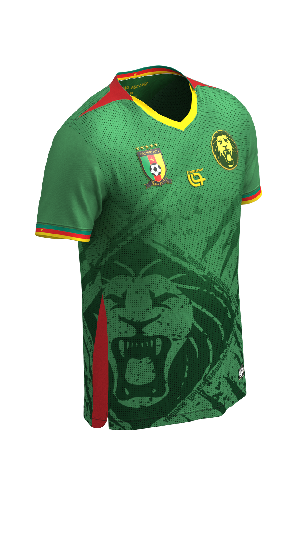 CAMEROON Fecafoot Players Stadium Jersey in green with lion graphic, official team gear for fans and athletes. Features Fecafoot and lion crest logos.