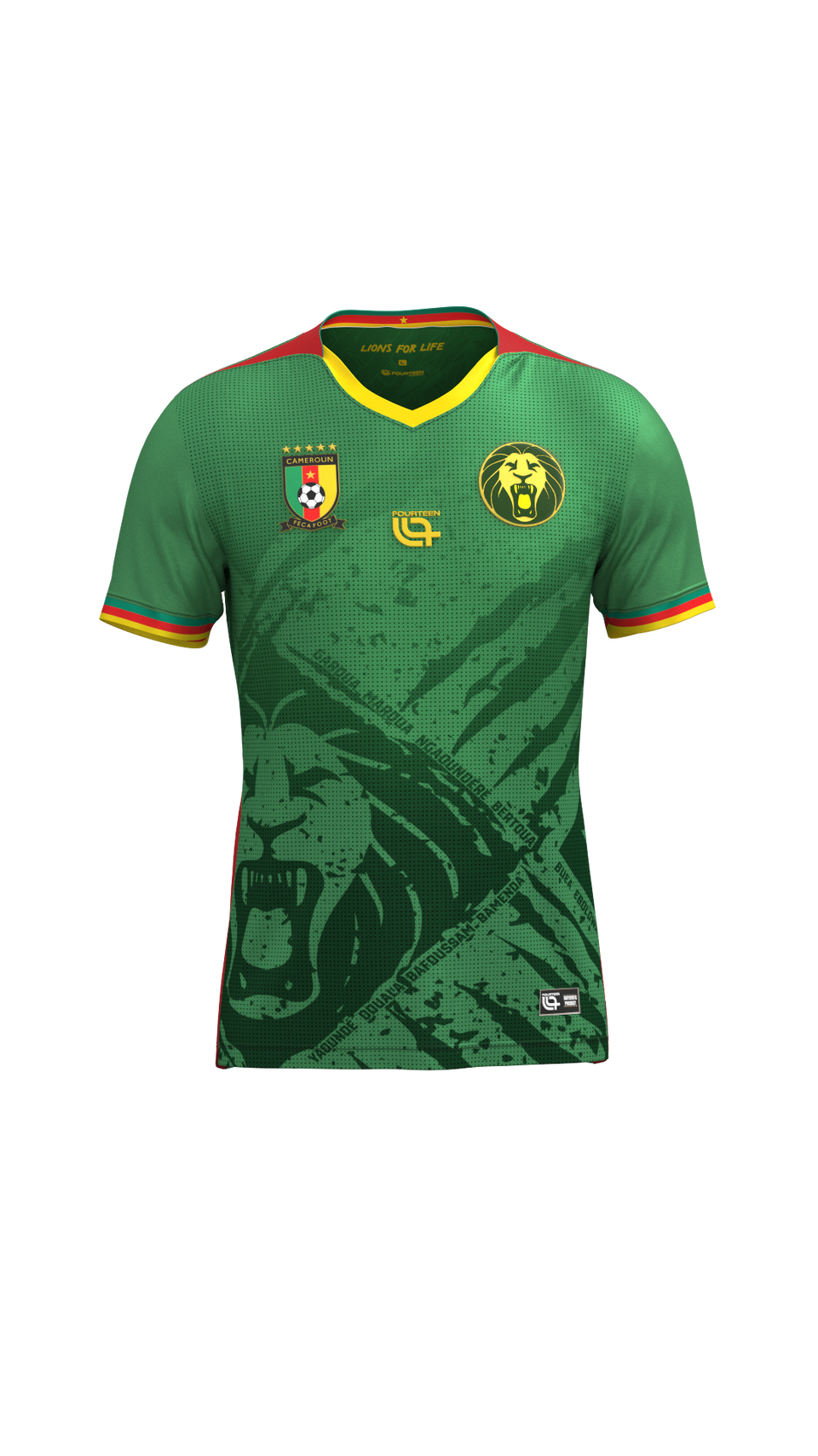 CAMEROON Fecafoot Players Stadium Jersey in green with lion graphic, official team gear for fans and athletes. Features Fecafoot and lion crest logos.